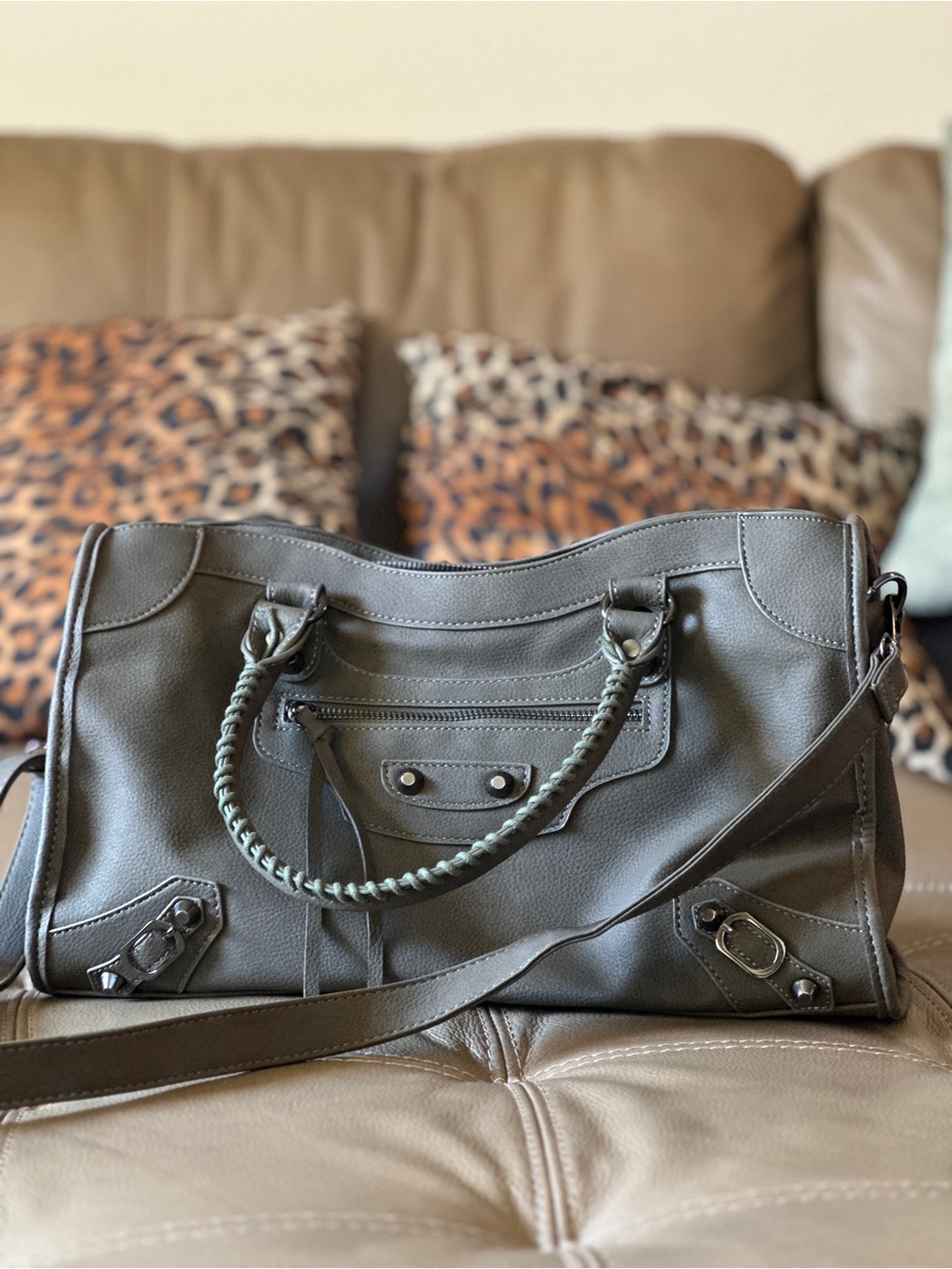 Light Green Cow Leather Handbag with Braided Handles